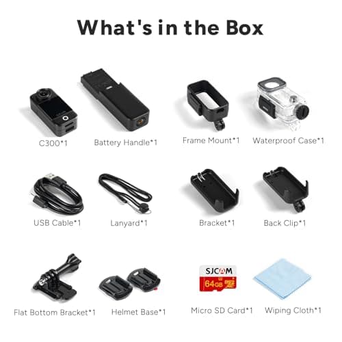SJCAM C300 Pocket Travel Action Camera 4K,7Hour Power,154° Wide FOV Video Recording,6-Axis Stabilization,Dual-Touch Screen Body Camera,30M Waterproof,Vlogging YouTube Live Streaming,Black 64G Card 8
