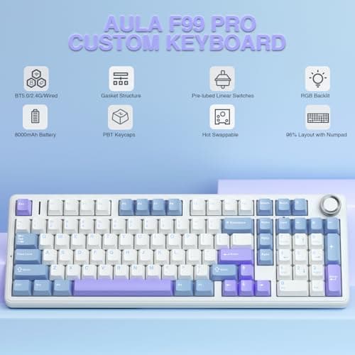 AULA F99 Pro Wireless Mechanical Keyboard with Knob,Creamy Sound,Tri-Mode BT5.0/USB-C/2.4GHz Hot Swappable Keyboard,Gasket Structure,RGB Backlit Computer Gaming Keyboards 2
