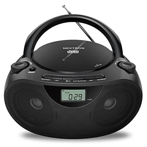 Nextron Portable CD Player Bluetooth Boombox with AM/FM Radio, USB, AUX-in, Headphone Jack, CD-R/RW & MP3-CD Compatible, Stereo Sound with Bass Boost, AC/Battery Operated – Black