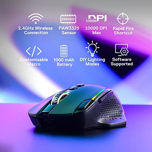Redragon M810 Pro Wireless Gaming Mouse, 10000 DPI Wired/Wireless Gamer Mouse w/Rapid Fire Key, 8 Macro Buttons, 45-Hour Reliable Power Capacity and RGB Backlit for PC/Mac/Laptop 3