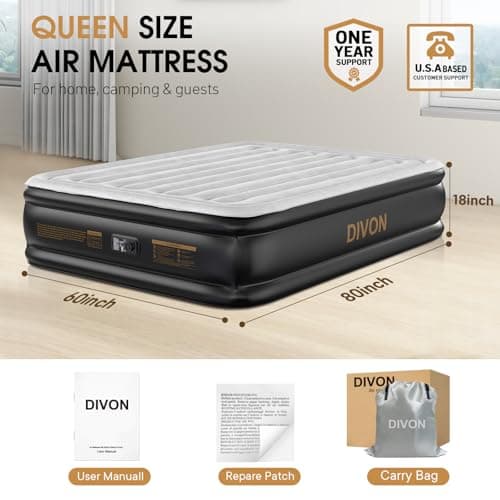 DIVON Air Mattress Queen with Built in Pump,Blow Up Mattress with Wave Pattern in 3 Mins,18'' Quick Inflatable Mattress, Luxury Airbed for Home&Camping,Black,660lbs 2