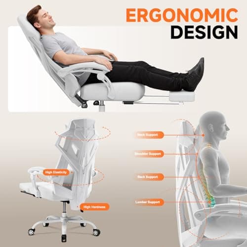 GTPLAYER Computer Chair with Adjustable Footrest, Ergonomic Gaming Chair with Headrest and Lumbar Support, Breathable Mesh Office Chair for Adults, High Back Reclining Desk Chair for Gaming and Office 5