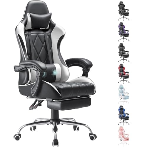 Homall Gaming Chair, Computer Chair with Footrest and Massage Lumbar Support, Ergonomic High Back Video Game Chair with Swivel Seat and Headrest (White)