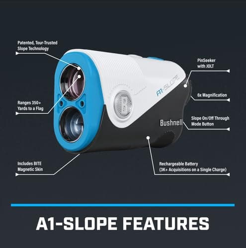 Bushnell Golf A1‑Slope Laser Rangefinder – Ultra‑Compact 6× Magnification, USB‑C Rechargeable, Pinseeker JOLT, Slope On/Off 3