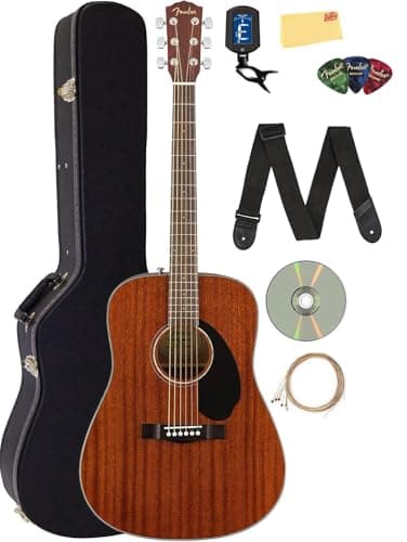 Fender CD-60S Solid Top Dreadnought Acoustic Guitar - All Mahogany Bundle with Hard Case, Tuner, Strap, Strings, Picks, Austin Bazaar Instructional DVD, and Polishing Cloth