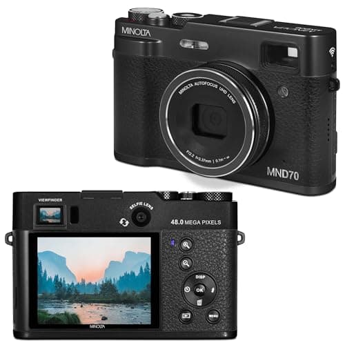 Minolta Retro Digital Camera – 48MP Autofocus Compact with 5K Ultra HD Video, Rear Selfie Lens, 16x Zoom, WiFi, 2.8-inch LCD Screen, Digital Stabilization, Optical Viewfinder, 32GB Card (Black)