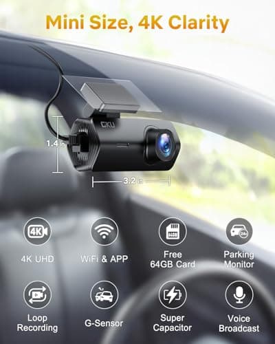 GKU 4K Dash Cam Front, Mini DashCam Includes 64GB Card, Dash Camera Built-in WiFi, 24H Parking Monitor,Night Vision,WDR,170° Wide Angle,Loop Recording,G-Sensor, (Black) 2