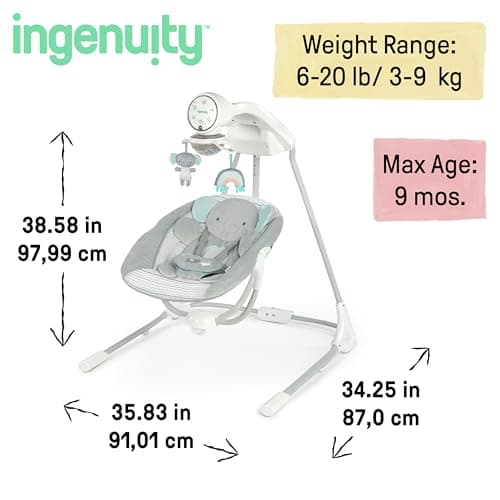 Ingenuity InLighten 5-Speed Baby Swing - Swivel Infant Seat, 5 Point Safety Harness, Nature Sounds, Lights - Van Elephant 3