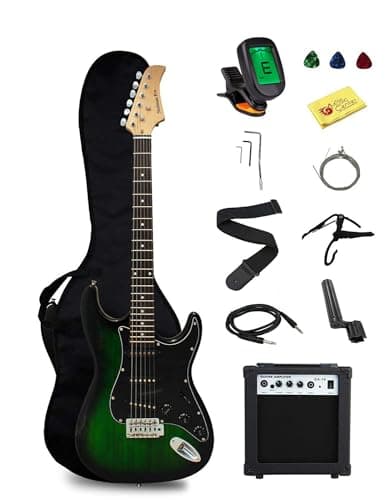 Stedman Pro EG39-TGRB-10W Beginner Series Electric Guitar with Case, Strap, Cable, Capo, Picks, Electronic Tuner, String Winder and Polish Cloth, 10W Amp, Transparent Green/Black Picguard