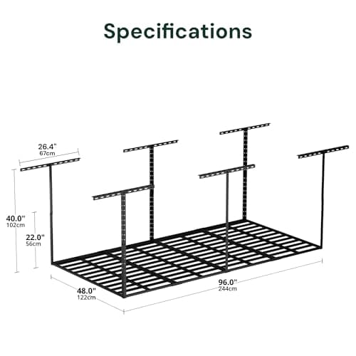 SunsGrove 4x8 Overhead Garage Storage Rack Organization, Adjustable Ceiling Mounted Storage Racks, 800LBS Weight Capacity, 22"-40" Ceiling Dropdown, Black 2