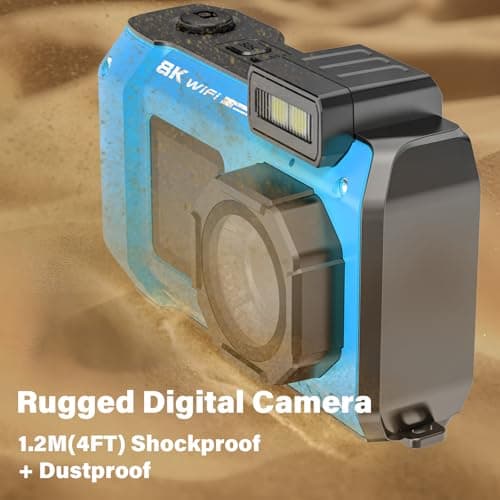 8K Digital Camera WiFi 33FT Underwater Camera for Snorkeling with 64GB Card 70MP Waterproof Camera Rugged Dustproof Shockproof Dual-Screen Selfie Autofocus Point and Shoot Digital Camera(Blue) 3