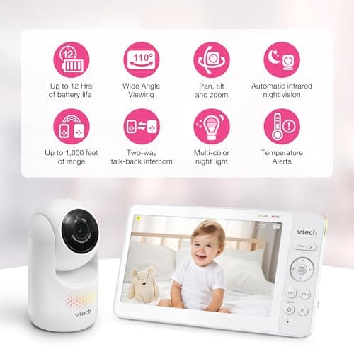 VTech 7" Baby Monitor with IPS Screen, Pan Tilt Zoom Camera, No WiFi Video Baby Monitor with Camera and Audio, Multi-Color Night Light, 2-Way Talk, Lullabies, Advanced HQ Max 2