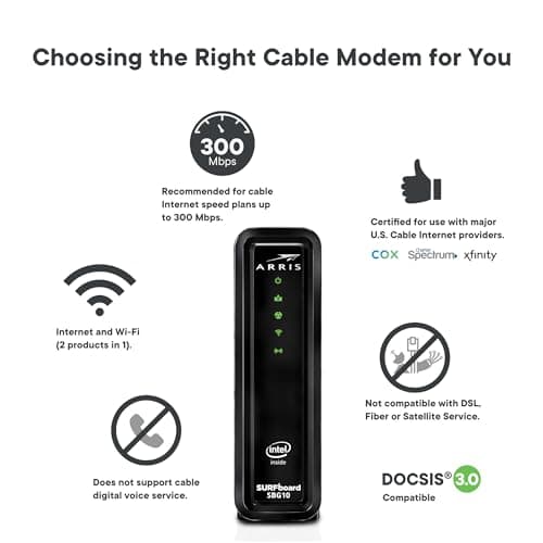 ARRIS (SBG10-RB) - Modem Router Combo - DOCSIS 3.0 16 x 4 Gigabit & AC1600 WiFi, For Comcast Xfinity, Cox, check with ISP for compatibility [Not for Spectrum] 400 Mbps Max Internet Speeds - Renewed 3