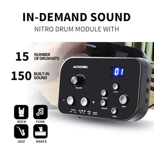 AODSK Electric Drum Set for Beginner with 150 Sounds,4 Quiet Drum Pads,2 Pedal,Throne,Sticks,Electronic Drum with Headphone,AED-400 3