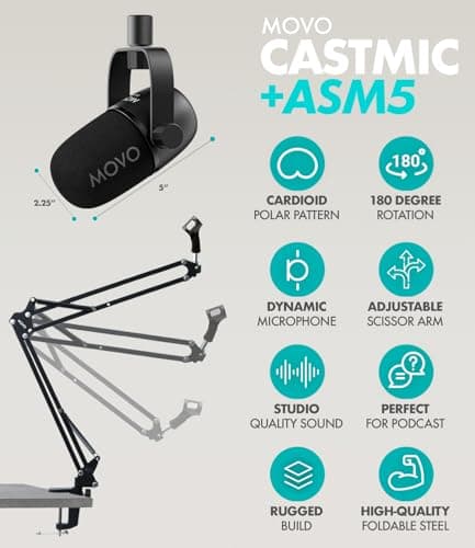 Movo Portable Podcast Equipment Bundle for iPhone/Android Phones- Podcast Kit with Audio Interface, 2 CastMic Dynamic Mics, 2 Headphones, 2 Boom Arms - for Smartphones, Computers, PC and Mac 5