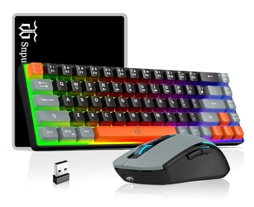 Snpurdiri 60% Wireless Gaming Keyboard and Mouse Combo,Rainbow Backlit Rechargeable 2000mAh Battery,Mini Mechanical Feel Keyboard + Popular RGB Mice for Gaming,Business Office(Gray-Black-Orange)