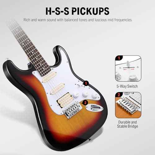 Donner DST-100S 39 Inch Full Size Electric Guitar Kit Solid Body Sunburst, Beginner Starter, with Amplifier, Bag, Capo, Strap, String, Tuner, Cable, Picks 4