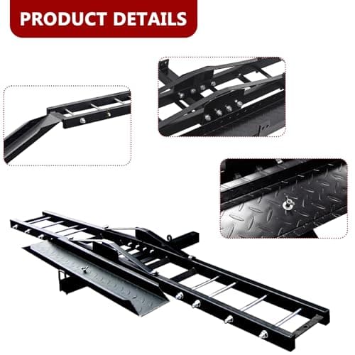 Grandroad Auto Motorcycle Hitch Carrier, 500LBS Heavy Duty Steel Dirt Bike Carrier with Loading Ramp, Anti-Tilt Locking Device, Motorcycle Rack for Dirt Bike Hitch Hauler 3