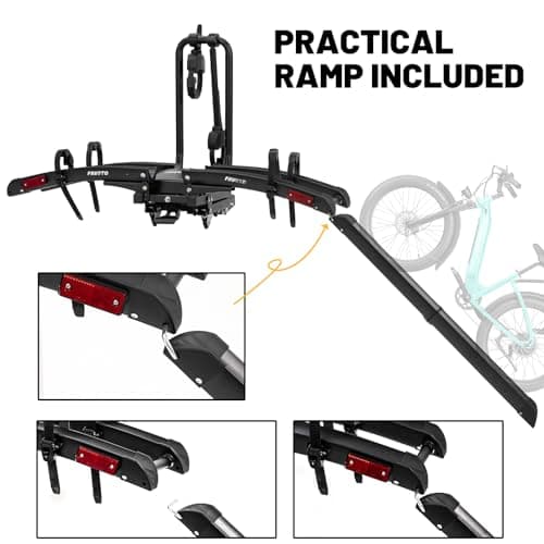 Favoto Electric Bike Rack with Ramp - Foldable Hitch Mounted EBike Carrier for SUV, Truck, RV, Tiltable Heavy Duty Rack Fits 2" Receiver, Holds 200 lbs, Fits Fat Tires up to 4" 2