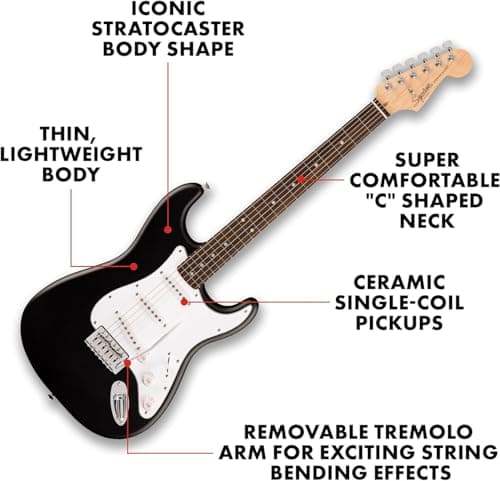 Fender Squier Debut Series Stratocaster Electric Guitar Kit, Beginner Guitar Kit, with 2-Year Warranty, with Padded Gig Bag, Frontman 10G Amp, Strap, and More, Includes Free Lessons, Black 3