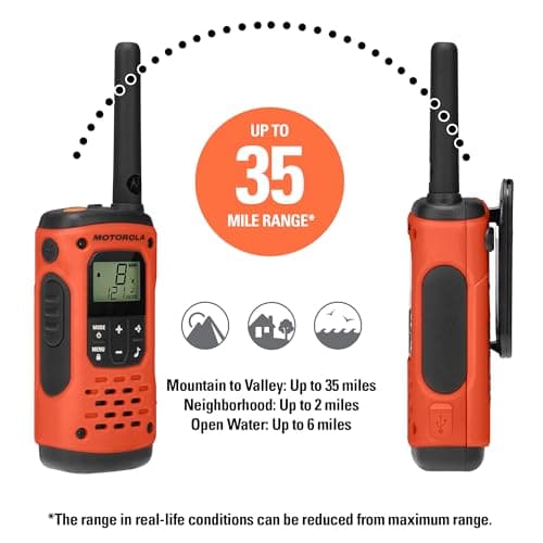 Motorola Solutions, Portable FRS, T605_H2O, Talkabout, Two Way Radios Waterproof Walkie Talkie Emergency Preparedness, Rechargeable, 22 Channel, 35 Mile, Orange W/Black, 2 Pack 4