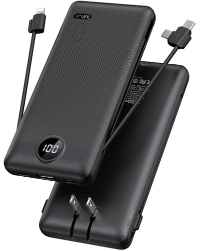 Portable Charger,Power Bank Built-in Cables and AC Wall Plug,VRURC USB C Portable Bank 10000mAh,Travel Essentials Phone Charger Compact Lightweight External Battery Pack for Smart Phones,Tablets-Black