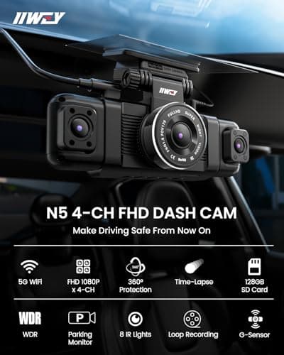 IIWEY N5 4 Channel Dash Cam 360° View, 1080P Front and Rear Inside, Left Right Dash Camera for Cars, 8 IR Lamps Night Vision, 5G WiFi & APP Control, G-Sensor, Parking Mode, with a Free 128GB SD Card 2