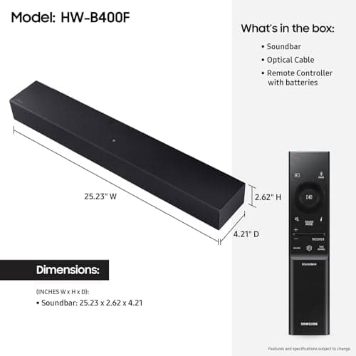 Samsung B-Series Soundbar HW B400F 2.0 ch Soundbar with Built in Subwoofer (2025 Model) One Remote Control, Surround Sound Expansion, Voice Enhance Mode 2