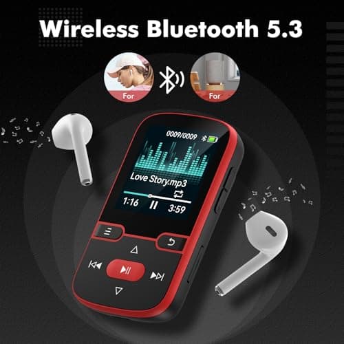 64GB MP3 Player Bluetooth 5.3 with Clip, HiFi Sports Music Player, 1.5 Inch Screen MP3 Player for Kids with Physical Buttons, FM Radio/Pedometer/Voice Recorder, Weighs Only 28g, TF Card Up to 128G 2