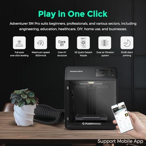 FLASHFORGE Adventurer 5M Pro 3D Printer with 1 Click Auto Printing System, 600mm/s High-Speed, Quick Detachable 280°C Nozzle, Core XY All-Metal Structure, Multi-Functional 220x220x220mm 3D Printer 2