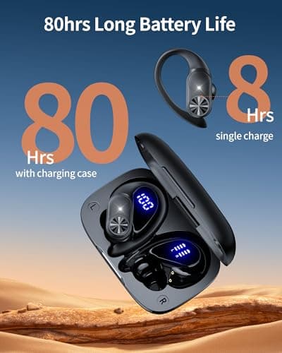 PocBuds Bluetooth Headphones Wireless Earbuds 80hrs Playtime Wireless Charging Case Digital Display Sports Ear Buds with Earhook Deep Bass IPX7 Waterproof Over-Ear Earphones for TV Phone Laptop Black 2