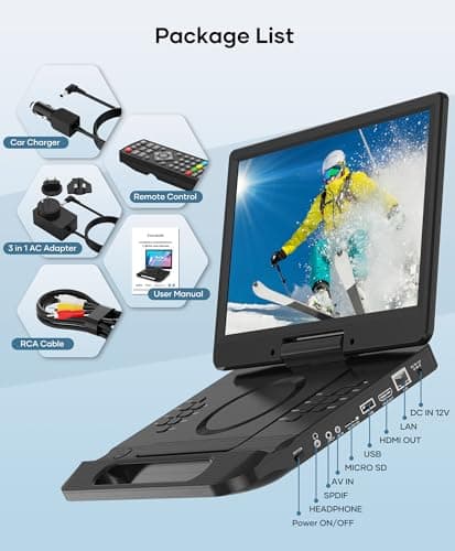 FANGOR 13.3’’ Portable Blu Ray Player with 12’’ 1080P Full HD Swivel Screen, Blu-ray DVD Player with HDMI Out & AV in, 4-5 Hours Rechargeable Battery, Support USB/Micro SD Card 5