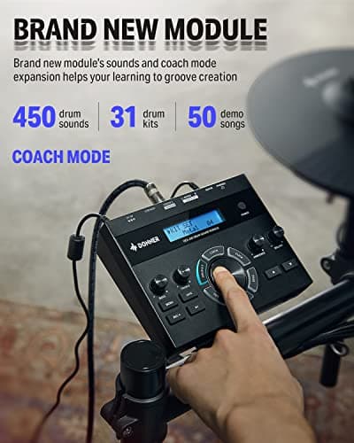 Donner DED-200 Electric Drum Sets with Quiet Mesh Drum Pads, 2 Cymbals w/Choke, 31 Kits and 450+ Sounds, Throne, Headphones, Sticks, USB MIDI, Melodics Lessons (5 Pads, 3 Cymbals) 4