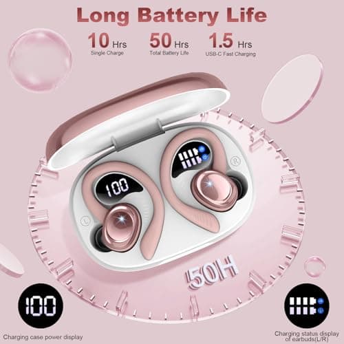 Hupoaf Wireless Earbuds Sport, New Bluetooth 5.4 Headphones with Earhooks, 50H Stereo Deep Bass Over Ear Buds with 4 ENC Noise Canceling Mics, IP7 Waterproof Earphones for Running Workout Gym -Rose 4