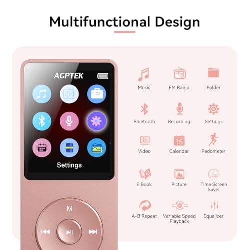 AGPTEK A02 MP3 Player with Bluetooth 5.3, 1.8 inch Screen Portable Music Player with Speaker, FM Radio, Voice Recorder, Supports Expanded Up to 128GB(Rose Gold, 32GB) 4