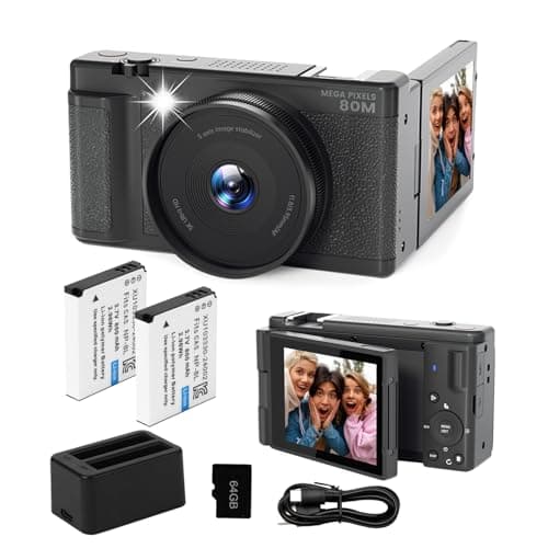 5K UHD Digital Camera for Photography, Autofocus 80MP Point & Shoot Vlog Camera for YouTube, 3" 270° Flip Screen Dual Lens Selfie with18x Digital Zoom, 64GB SD Card, 2 Batteries & Charger,Black