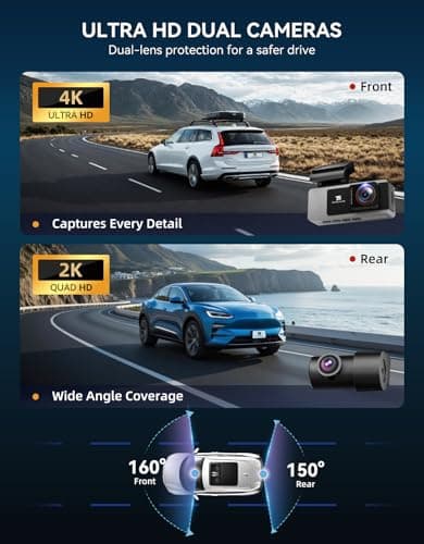TECXERLLON Dash Cam Front and Rear, 4K Full HD Dual Dash Camera with Starlight Night Vision, Bulit-in GPS & 5G WiFi, Free 64GB Card Included, with G-Sensor, WDR, 24H Parking Mode, Support 512GB Max 2