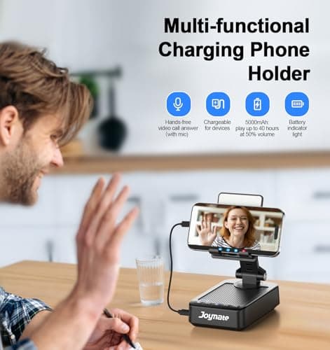 Joymate Gifts for Men Women, Phone Stand with Bluetooth Speaker and Charging Function 360° Rotable Angle Adjustable Cell Phone Holder with HD Stereo Sound Fits All Phones,Tablet (Black) 2