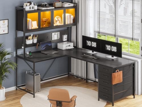 SEDETA L Shaped Gaming Desk with Drawers, L Shaped Computer Desk with Hutch and Storage Shelves, Gaming Desk with Pegboard, Led Lights, and Power Outlet, Home Office Desk, Corner Desk, Black 2