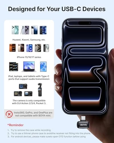 BOYA mini 2 Wireless Lavalier Microphones for iPhone 15/16/17 & Android, AI Noise Cancellation, App Control, 30H Battery Life with Charging Case, Lapel Microphone Wireless for Video Recording Vlogging 5