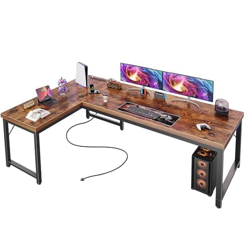 Huuger 63 Inch L Shaped Desk with Power Outlets and USB-C Port, 0.95 Inch Thicker Desktop, Reversible Computer Desk, Larger Office Corner Gaming Desk, Metal Frame, for Home Office, Study, Rustic Brown