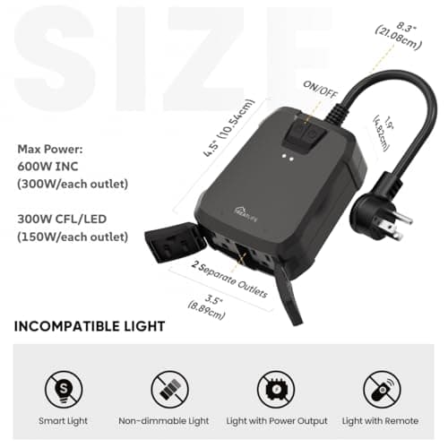 TREATLIFE 2 in 1 Outdoor Smart Dimmer Plug, 2 Individual Control Sockets, 600W, Compatible with Alexa, Google Home, IP64 Dimmer for Outdoor String Lights, Dusk to Dawn, 2.4GHz WiFi Only 2