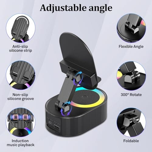 AKLLCCR Wireless Induction Audio Bluetooth Speaker 5in1 Phone Holder Emergency Rechargeable (3000mAh) with Colorful Ambient Light 300° Foldable for Tablet iPhone Android, Gifts for Men Women (Black) 5