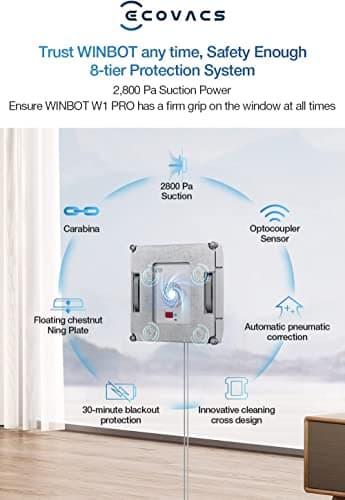 ECOVACS Winbot W1 Pro Window Cleaning Robot, Intelligent Cleaning with Dual Cross Water Spray Technology, Win SLAM 3.0 Path Planning, 2800Pa Suction Power, Edge Detection Technology, App Control,Grey 5
