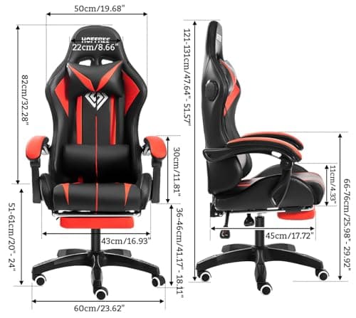 HOFFREE RGB Gaming Chair with Speakers Massage Computer Gaming Chair with LED Lights and Footrest High Back Video Game Chair for Adults Red and Black 2