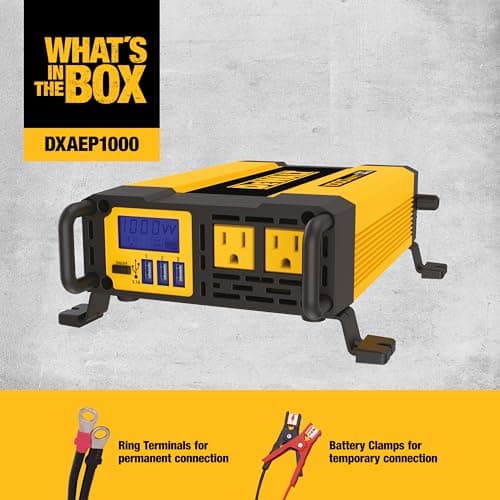 DEWALT DXAEPI1000 Power Inverter 1000W Car Converter with LCD Display: Dual 120V AC Outlets, 3.1A USB Ports, 12V DC Adapter, Battery Clamps 2