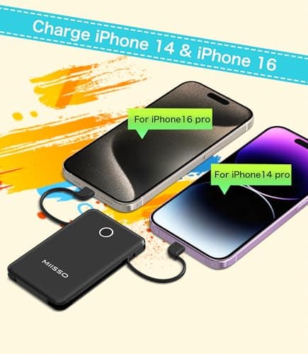 miisso 6000mah Ultra Slim Built in Cables Power Bank, Card Size Built in USB C Cords Battery Pack Portable Charger for Phones, 3 Output External Battery Pack Compatible with iPhone, Deep Black 5