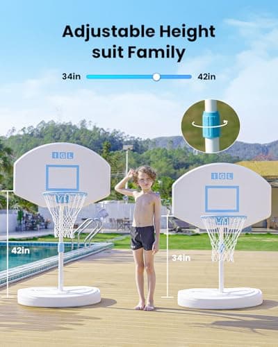 IGL Pool Basketball Hoop Poolside, Height Adjustable Swimming Basketball Hoop Outdoor for Pool, Anti-rust Stainless Steel Rim, Portable Basketball Goal System, Fillable Base, Includes 2 Balls and Pump 4