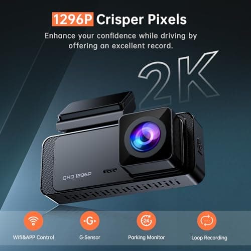 Dash Cam 1296P Front Dashcam, V300 WiFi Dash Camera for Cars with App, Night Vision, Mini Hidden Single Car Camera, Loop Recording, 24H Parking Mode, Support 256GB Max, Black 2