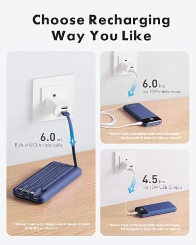 charmast Portable Charger with Built in Cables, Power Bank with Cords Wires, Slim 10000mAh Travel Battery Pack 6 Outputs 3 Inputs 3A Fast Charging for Samsung Google Pixel LG Moto iPhone iPad 4